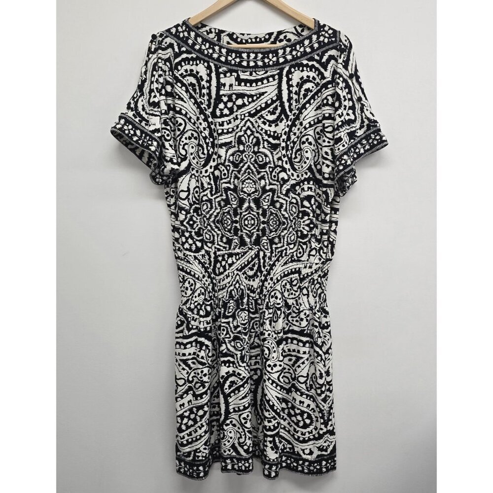 Chicos Caitlyn Stretch Blouson Paisley Print Dress Smocked Drop Waist Tribal